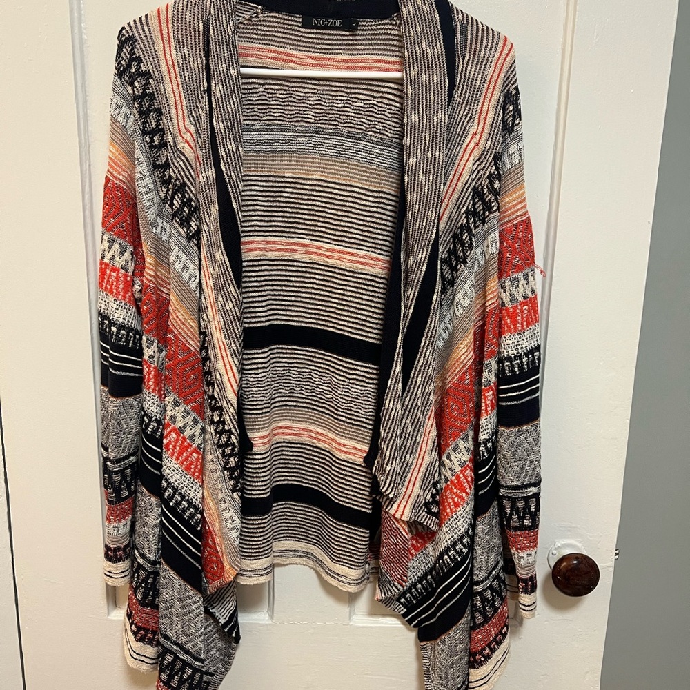 NIC+ZOE Open-Front Striped & Aztec Cardigan in Black, Cream & Coral- Size Lg
